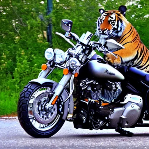 Image similar to tiger on a Harley Davidson on the road, funny picture