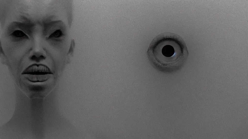 Image similar to the spiral takes over her face, film still from the movie directed by Junji Ito with art direction by Zdzisław Beksiński, wide lens