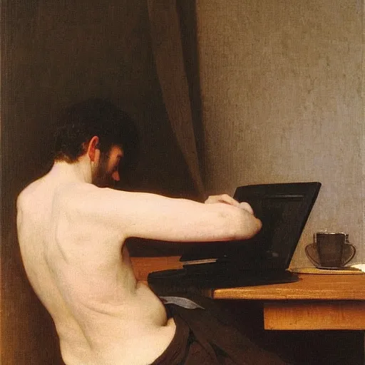 Image similar to an oil painting of an man playing a laptop, view from back, by Bouguereau, highly detailed and intricate,