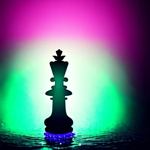 Image similar to underwater tintype photo of a queen chess piece made of neon lights, Puddles, high point of view, smooth 3D Illustration, Cinematic Matte Painting, soft render, volumetric lighting