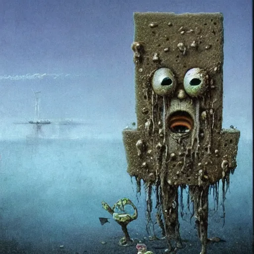 Image similar to dessicated spongebob rotting at the bottom of the sea beksinski