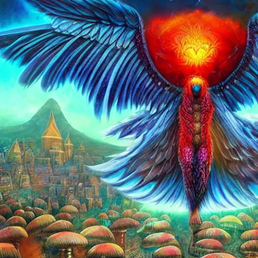 Image similar to 8K headshot Portrait of centered chest up of a psychedelic godlike mothman with giant mandala wings smoking heavily , magic mushroom village in background , post-processing , award winning. superb resolution. in the art style of Tony Takezaki and Greg Rutkowski . Detailed Mushroom city in background. Hyper realistic anime. Perfect art. Dalle2