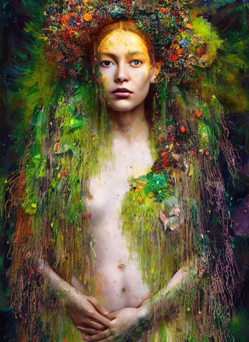 Prompt: a portrait of beautiful female by irakli nadar with intricate detailed color smashing fluid oil paint and acrylic, moss and leaves headdress, melting wax, mycelia, abstract impressionism, ruan jia, dark fantasy, hyper detailed, concept art, by gustav klimt, by sue bryce, moody lighting, black background