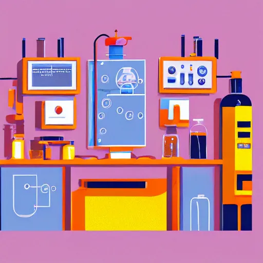 Image similar to editorial illustration of a laboratory setup from a mad scientist, fine texture, dynamic composition, detailed, dynamic perspective, colorful modern