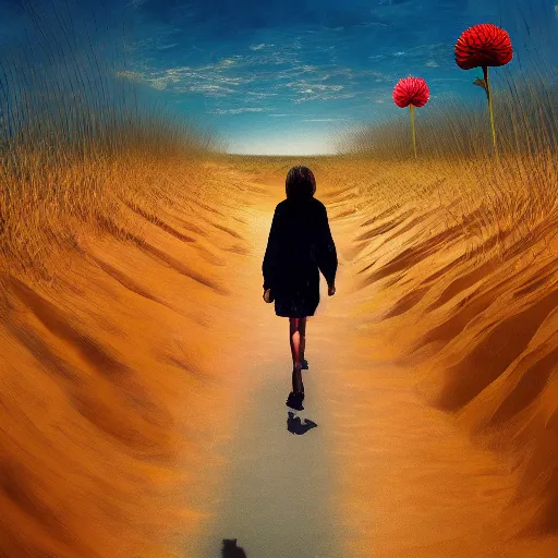 Image similar to portrait, giant dahlia flower head, girl walking between dunes, surreal photography, sunrise, blue sky, dramatic light, impressionist painting, digital painting, artstation, simon stalenhag