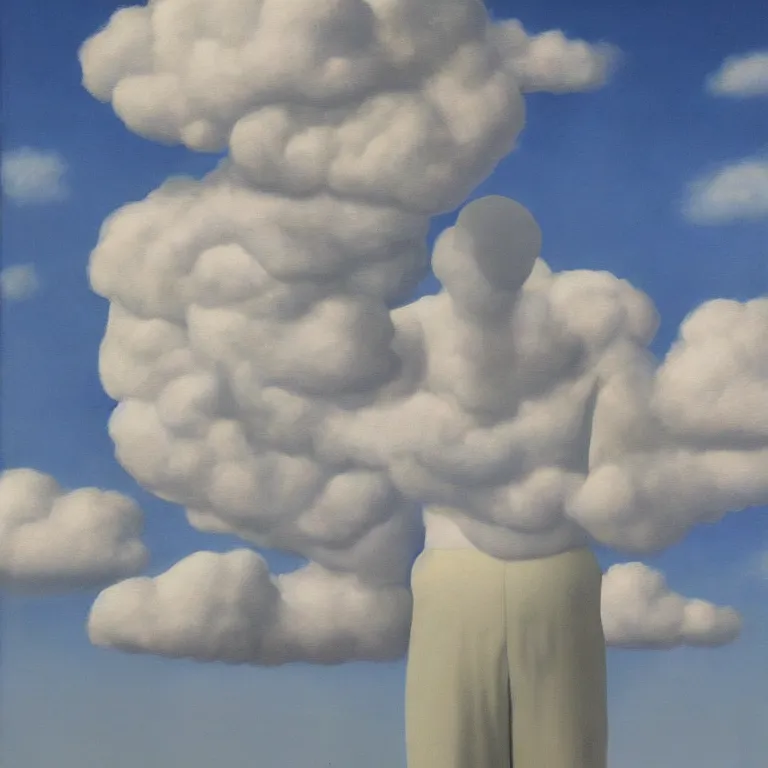 Image similar to cloud - man, by rene magritte, centered, detailed painting, hd, hq, high resolution, high detail, 4 k, 8 k