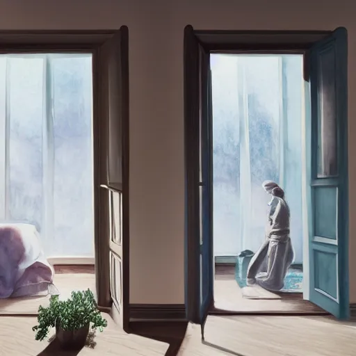 Image similar to person in pyjamas standing near window, sun rays, daylight, big french door window, big spatious room, 2 4 mm, wooden floor, modern, pastel palette, winter sun, photorealistic, high ceiling, watercolor painting