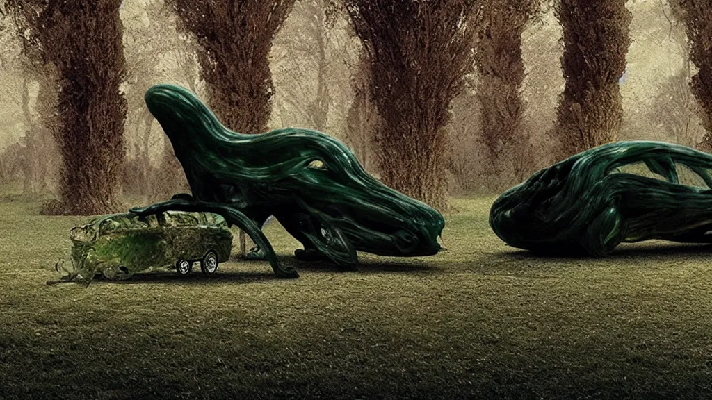 Image similar to the strange creature waits by the car, made of Chlorophyll and blood, film still from the movie directed by Denis Villeneuve with art direction by Salvador Dalí, wide lens