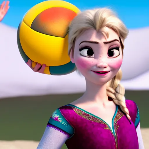 Image similar to anna from frozen playing beach volleyball, ultra realistic, 8 k, highly detailed