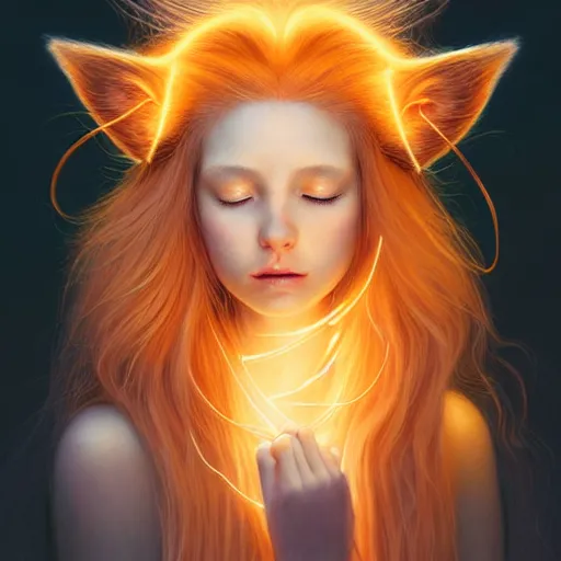 Image similar to Portrait of a girl angel with pale orange colored frizzy strands of illuminated hair, cat ears on her head, glowing halo, Lion's Mane, Lion's Gate, 8/8, fantasy, intricate, elegant, highly detailed, digital painting, artstation, concept art, smooth, sharp focus, illustration, art by Krenz Cushart and Artem Demura and alphonse mucha