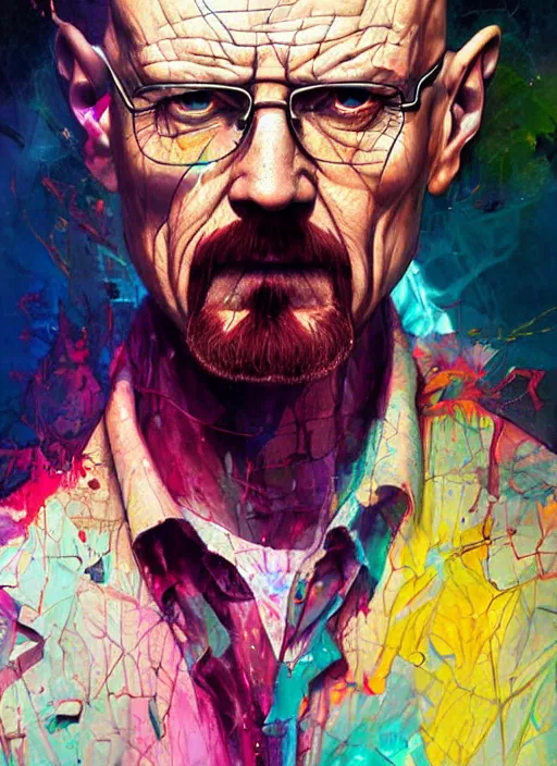 Prompt: a Demon Slayer portrait of Walter White, tall, pale-skinned, crystal blue eyes, chromatic aberration, by Stanley Artgerm, Tom Bagshaw, Arthur Adams, Carne Griffiths, trending on Deviant Art, street art, face enhance, chillwave, maximalist, full of color, glittering