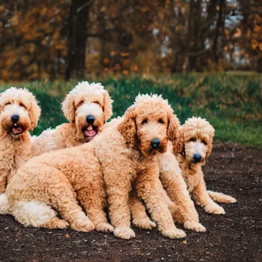 Prompt: a huge pile of golden doodle dogs, photography