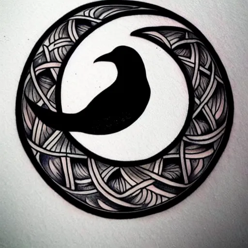 Image similar to tattoo design of black bird and crescent moon, highly detailed, intricate