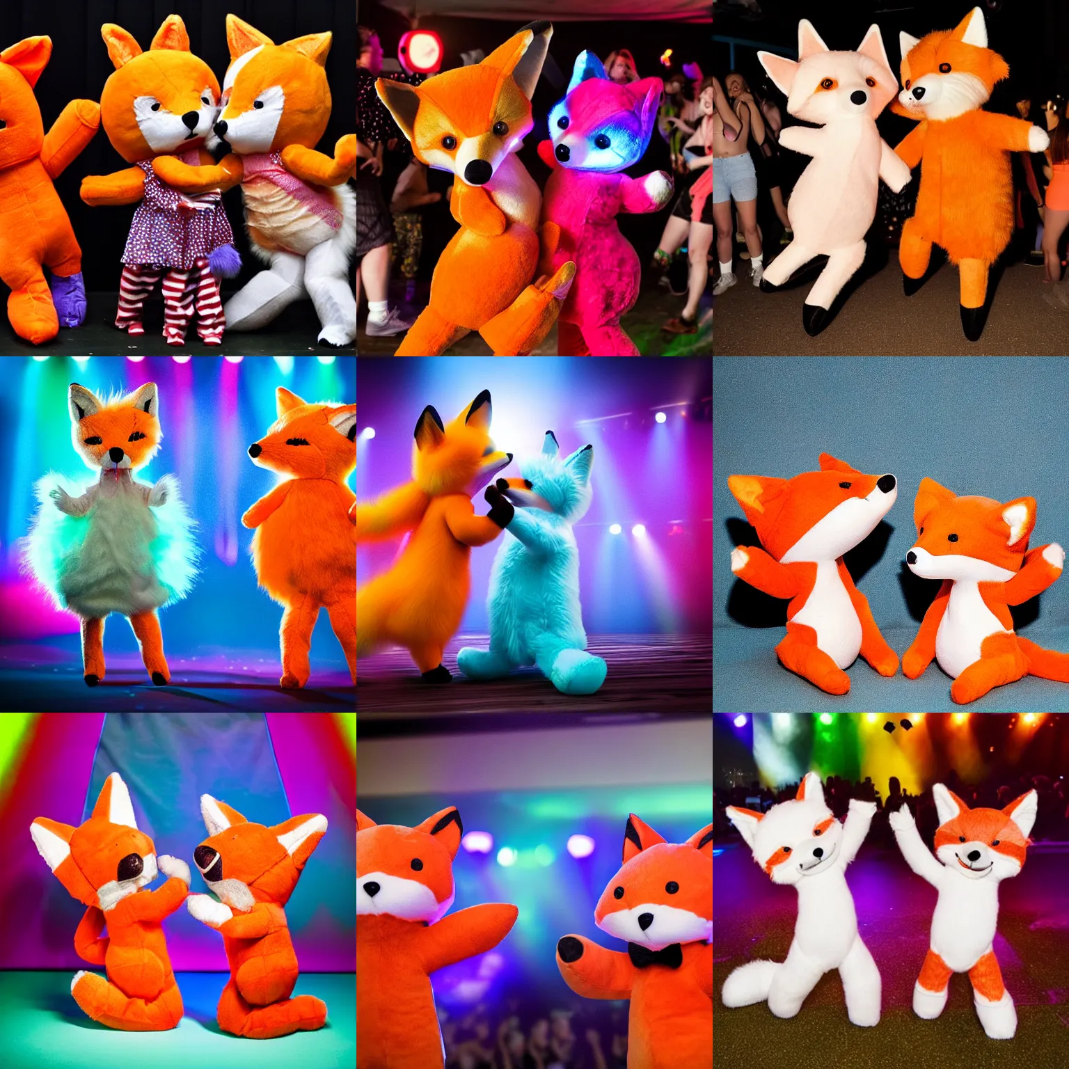 Prompt: two cute fox stuffed animals dancing at a rave, award winning photo