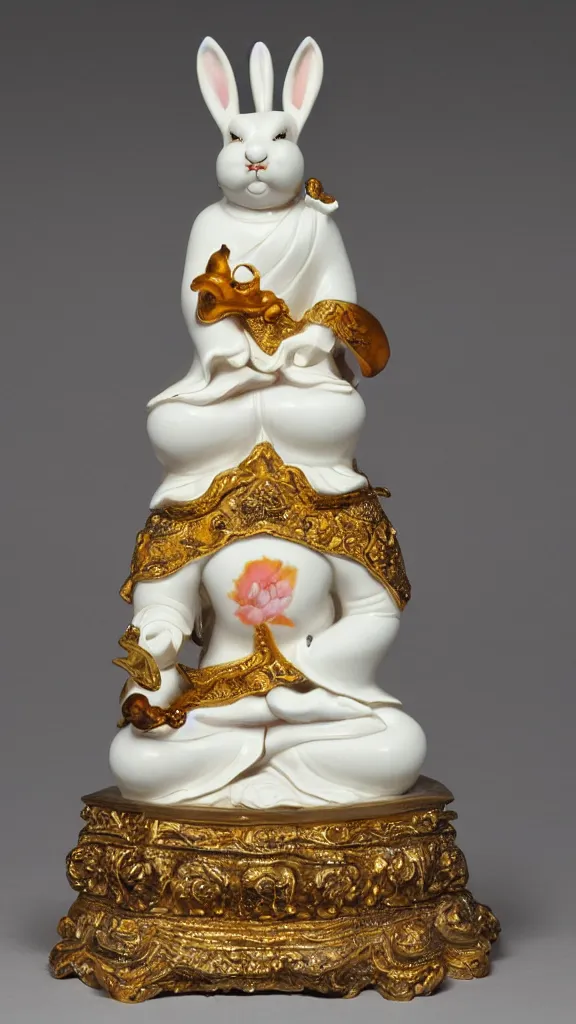 Image similar to a porcelain buddhism rabbit statue with a kiseru painted by john singer sargent