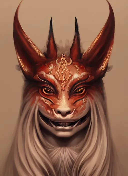 Image similar to a beautiful detailed oil on copper art illustration of a japanese oni kitsune mask devil woman, centered, by charlie bowater, zeng fanzh, trending on artstation, dim dusk lighting, cinematic lighting, detailed lighting, volumetric lighting, realistic, f 8, 4 k hd wallpaper