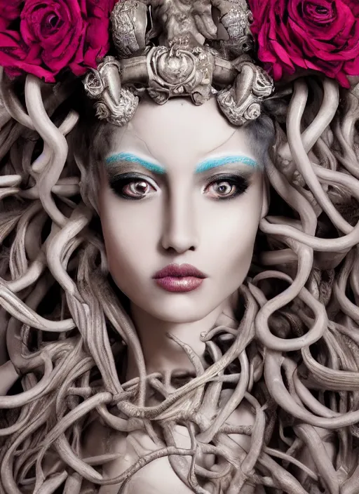 Image similar to a portrait of medusa, goddess by candy makeup, photorealistic, intricate details, hyper realistic, fantasy, elegant, baroque, horn, ram skull headpiece, photorealistic, photography, symmetrical features, symmetrical pose, wide angle shot, feet on the ground, wearable art, unreal engine