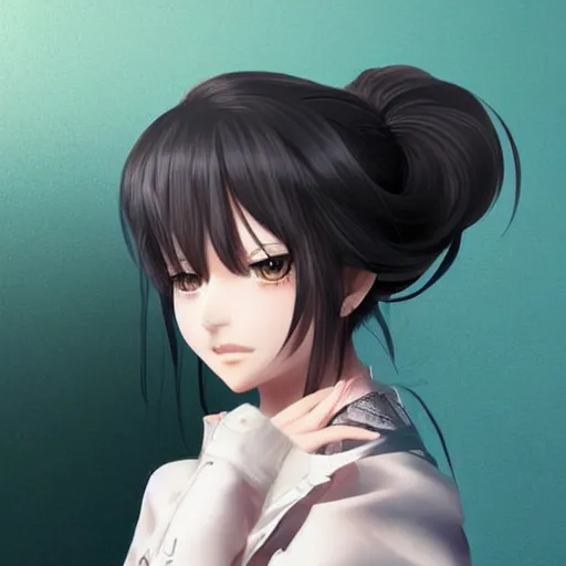 Image similar to luxury advertisement, astonishing portrait of a very beautiful anime high-school girl with black hair ponytail, white ribbon, full perfect face, realistic, highly detailed background, artstation, 120 degree view, drawn by Sasoura, Satchely and Akihiko Yoshida, no distortion