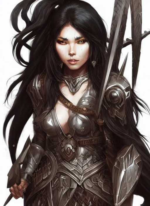 Image similar to beautiful warrior lady, black long hair, practical armor, brown skin, demonic eyes, low fantasy, extremely detailed, sharp focus, smooth, digital illustration, by rossdraws, frank franzzeta, sakimichan