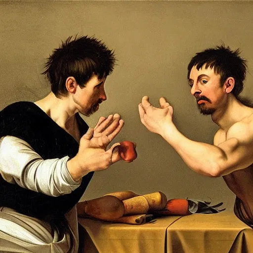 Image similar to a caravaggio painting masterpiece exposed in Paris : two soldiers playing rock paper scissors, This 4K HD image is Trending on Artstation, featured on Behance, well-rendered, extra crisp