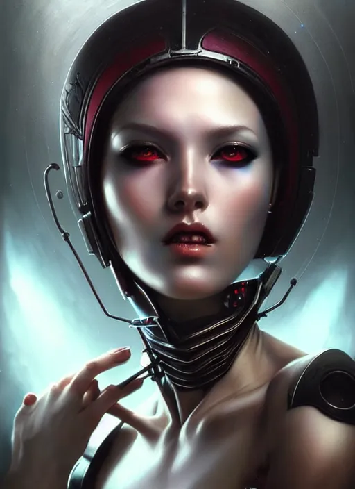 Image similar to a hauntingly beautiful cybernetic woman, painted by artgerm and tom bagshaw, fantasy art, dramatic lighting, highly detailed oil painting