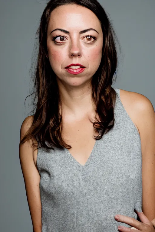 Image similar to headshot photo of Tomato / Aubrey Plaza hybrid, portrait, 3/4 view, Refined, Detailed professional photo, 50mm lens, Canon eos, blurry distant background, Highly Detailed, Cinematic Lighting, 8k