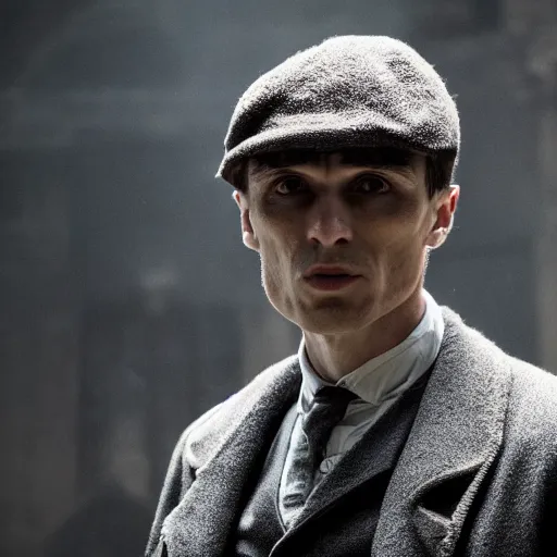 Image similar to thomas shelby wearing dark armor, portrait shot, cinematic, sharp focus, extreme detail, lighting, epic