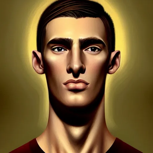 Image similar to tall man in his twenties with brown blond short quiff hair and thin slightly round facial structure with cleft chin, straight eyebrows and prominent nose, good definition of cheekbones, big hazel nut brown eyes, narrow face, slim body, atmospheric lighting, painted, intricate, 4 k, highly detailed by charlie bowater