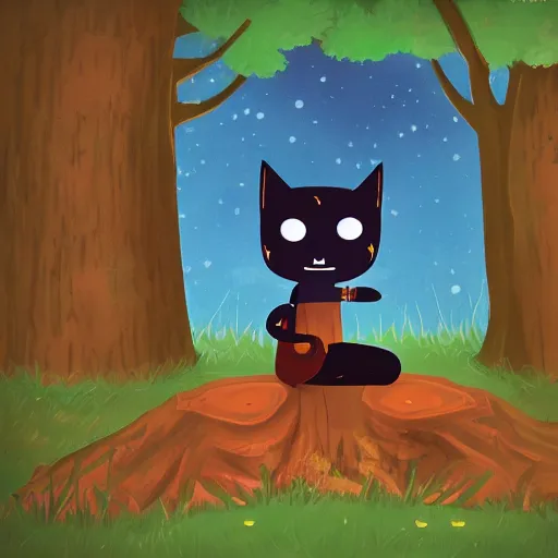 Prompt: mae from night in the woods, sitting on a tree stump in the forest at night, looking up, thinking