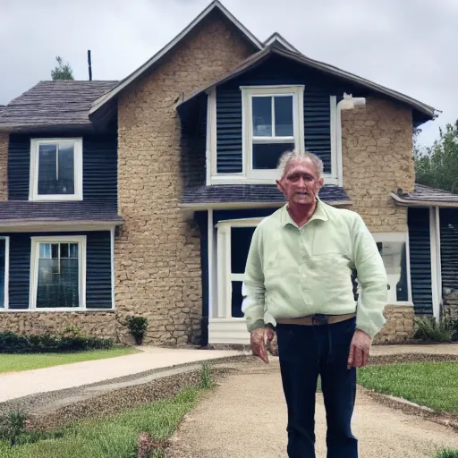 Image similar to a man standing proudly in front of a really badly built house