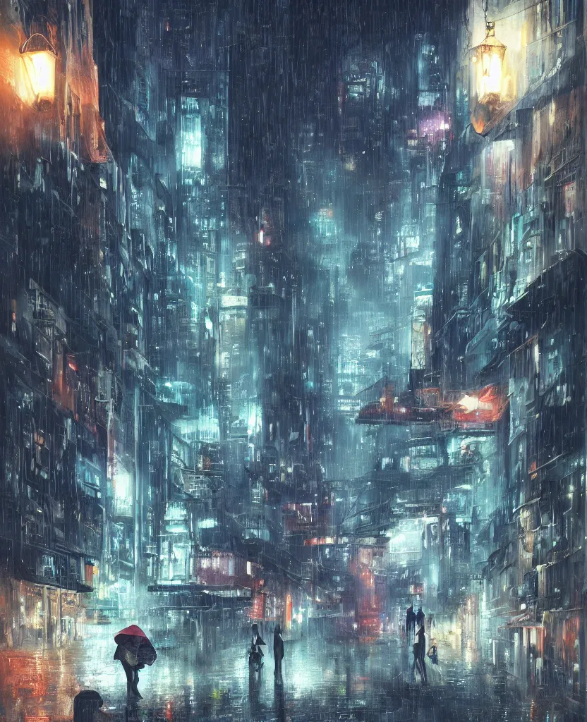 Prompt: cluttered futuristic city at night, rain, girl under lantern, by Sean Foley