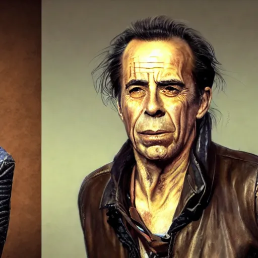 Prompt: a highly detailed epic cinematic concept art CG render digital painting artwork costume design: Humphrey Bogart, old scars, long hair, grizzled, tired and drunk, in an old 1950s leather jacket. By Greg Rutkowski, Ilya Kuvshinov, WLOP, Stanley Artgerm Lau, Ruan Jia and Fenghua Zhong, trending on ArtStation, made in Maya, Blender and Photoshop, octane render, excellent composition, cinematic atmosphere, dynamic dramatic cinematic lighting, aesthetic, very inspirational, arthouse