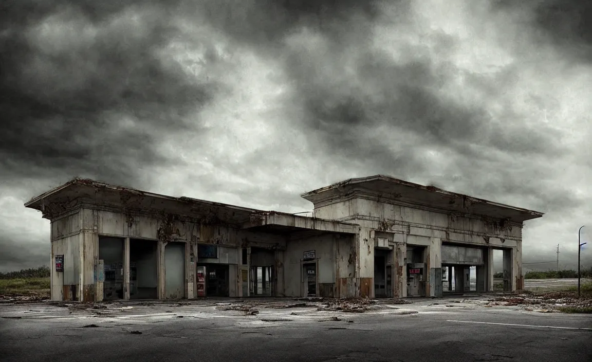 Prompt: epic professional digital art of abandoned italian eni gas station, faint taupe moody atmospheric lighting, painted, intricate, detailed, detailed, foreboding, by leesha hannigan, wayne haag, reyna rochin, ignacio fernandez rios, mark ryden, iris van herpen,, epic, stunning, gorgeous, much wow, cinematic, masterpiece.