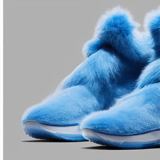 Prompt: nike shoe made of very fluffy blue faux fur placed on reflective surface, professional advertising, overhead lighting, heavy detail, realistic by nate vanhook, mark miner