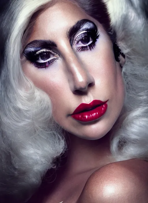 Image similar to lady gaga in a 1 9 6 0 s themed photoshoot, nick knight, dark, posing, style, vogue magazine, highly realistic. high resolution. highly detailed. dramatic. 8 k. 4 k.