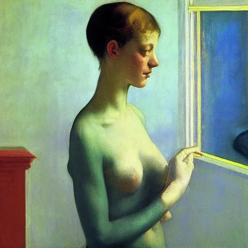 Image similar to a masterpiece, film still by edward hopper, by Pontormo, by klimt, art noveau, highly detailed, strong lights, liminal, eerie, Bright pastel colors