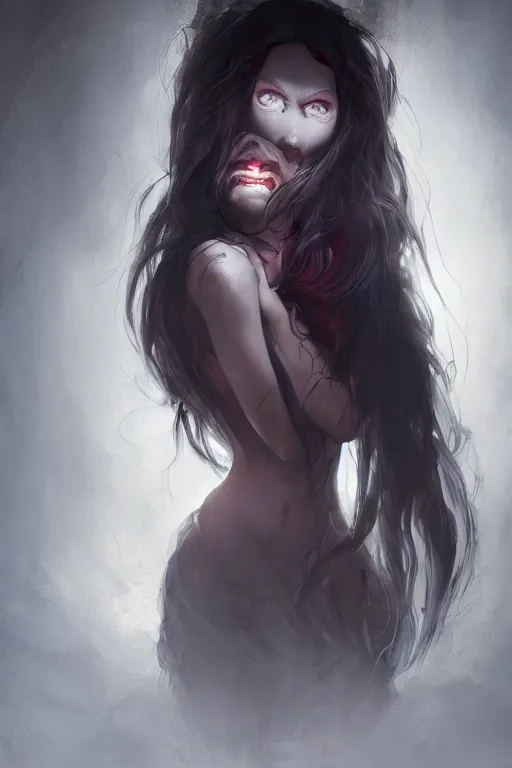Image similar to creepy possessed woman, her hair floating upwards and her eyes glowing red , made by Stanley Artgerm Lau, WLOP, Rossdraws, ArtStation, CGSociety, concept art, cgsociety, octane render, trending on artstation, artstationHD, artstationHQ, unreal engine, 4k, 8k,