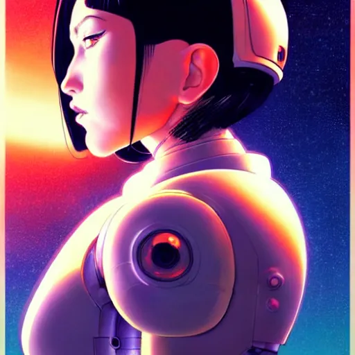 Image similar to side portrait scifi robotic cyborg girl with robotic enhancements and spacesuit | | head only in center of image, audrey plaza, fine detail!! anime!! realistic shaded lighting!! poster by ilya kuvshinov katsuhiro otomo ghost - in - the - shell, magali villeneuve, artgerm, jeremy lipkin and michael garmash and rob rey