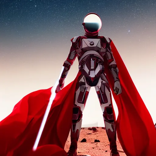 Image similar to gigachad space infantry man in glossy sleek white armor with small red details and a long red cape, heroic posture firing laser rifle, on the surface of mars, night time, dramatic lighting, cinematic, sci-fi, hyperrealistic, movie still