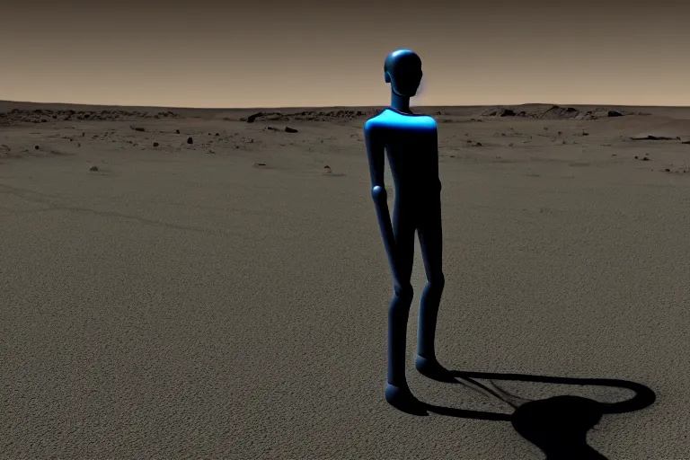 Prompt: realistic human - like man android on mars city low power realistic ambient light and shadow
