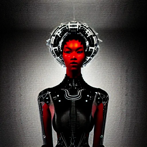 Prompt: portrait of an absurdly beautiful, graceful, sophisticated, fashionable black cyberpunk mechanoid gravure idol, hyperdetailed illustration by irakli nadar, matt wisniewski style, intricate linework, dark black porcelain skin, jellyfish headdress, electronic veil, unreal engine 5 highly rendered, global illumination, red light, detailed and intricate environment