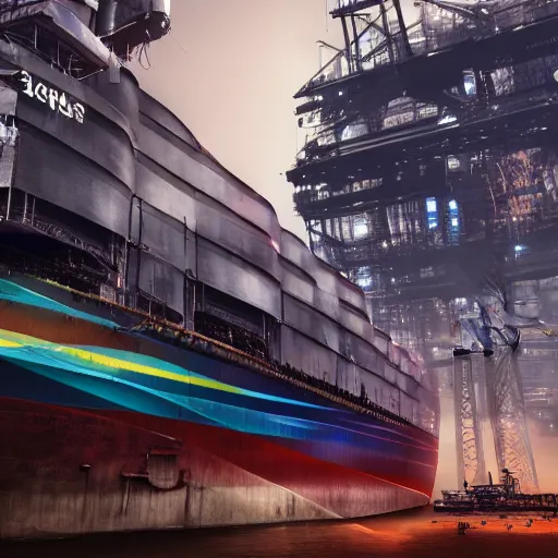 Image similar to photo of Immense industrial futuristic cargo ship arrives at cyber punk city sea port, cinematic lighting, photo