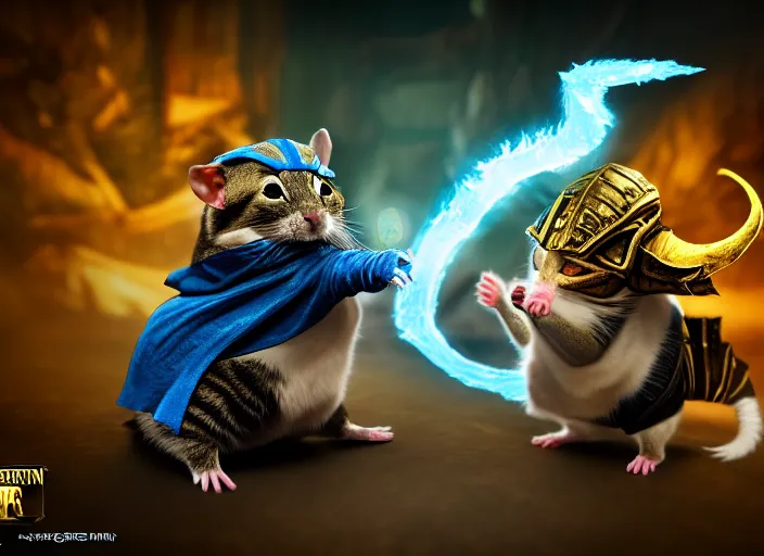 Image similar to hamster dressed as sub zero fights a cat dressed as scorpion in mortal kombat on the background of a laughing shao khan. fantasy magic style. highly detailed 8 k. intricate. lifelike. soft light. sony a 7 r iv 5 5 mm. unreal engine with nanite and path tracing