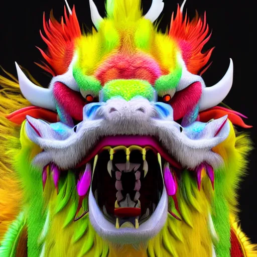 Image similar to colorful fluffy chinese dragon face high detailed fur 3 d render 4 k