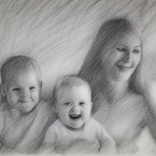 Prompt: Sketch on a notepad, family portrait at a farm, black and white, pencil sketch, 8k