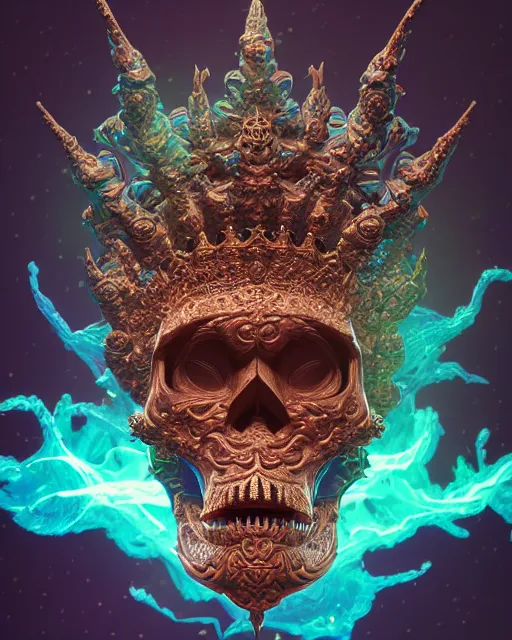 Image similar to 3 d ornate carved dark cosmic king with profile portrait, sigma 5 0 0 mm f / 5. beautiful intricate highly detailed quetzalcoatl skull. bioluminescent, plasma, lava, ice, water, wind, creature, thunderstorm! artwork by tooth wu and wlop and beeple and greg rutkowski, 8 k trending on artstation