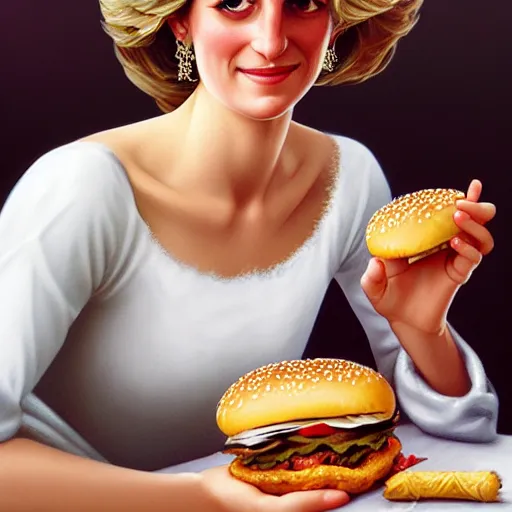 Image similar to portrait of a Princess Diana eating a hamburger, extra onions and ketchup, luscious patty with sesame seeds, masculine, handsome, D&D, fantasy, intricate, elegant, highly detailed, digital painting, artstation, concept art, matte, sharp focus, illustration, art by Artgerm and Greg Rutkowski and Alphonse Mucha