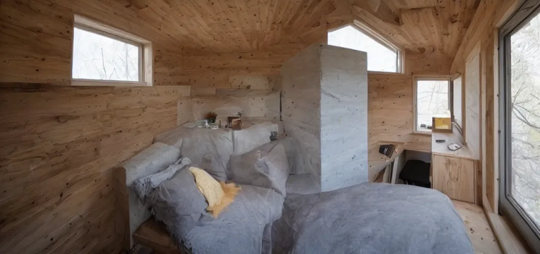 Image similar to brutalist tiny home made of stone