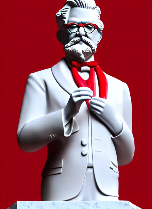 Image similar to colonel sanders as marble statue, in red background, soft red texture, red realistic 3 d render, high red lights, 4 k, high detailed photography cape, 5 0 mm lens, rich blue colors, smooth gradients, depth of field, cinematic