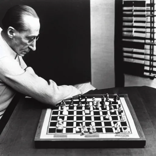 Prompt: a filmstill of Marcel Duchamp playing chess, reuters by Edward Weston